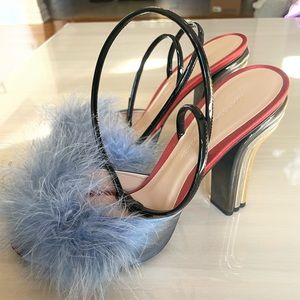 Marco De Vincenzo Blue Feathers Embellished Ankle Strap Sandals